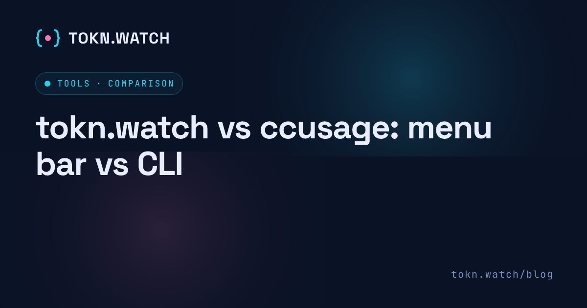 tokn watch vs ccusage compared: a menu bar meter for remaining Claude and ChatGPT limits next to a command line tool for Claude Code token costs.