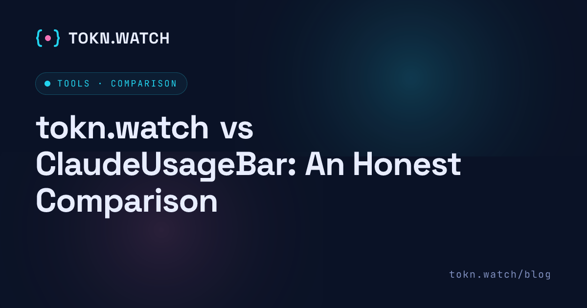 tokn.watch and ClaudeUsageBar compared, two free macOS menu bar apps that track Claude usage limits and reset times.