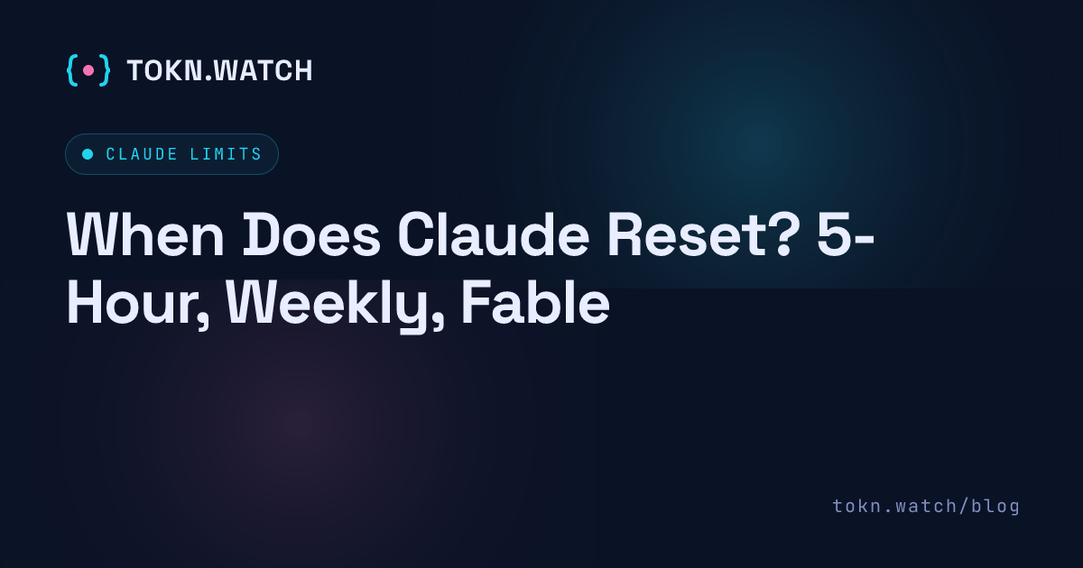 When does Claude reset in 2026: the 5-hour session resets 5 hours after your first message of the cycle; the weekly all-models cap resets 7 days after; the Fable meter on Max sits inside that same window. Rolling windows, not clock times.